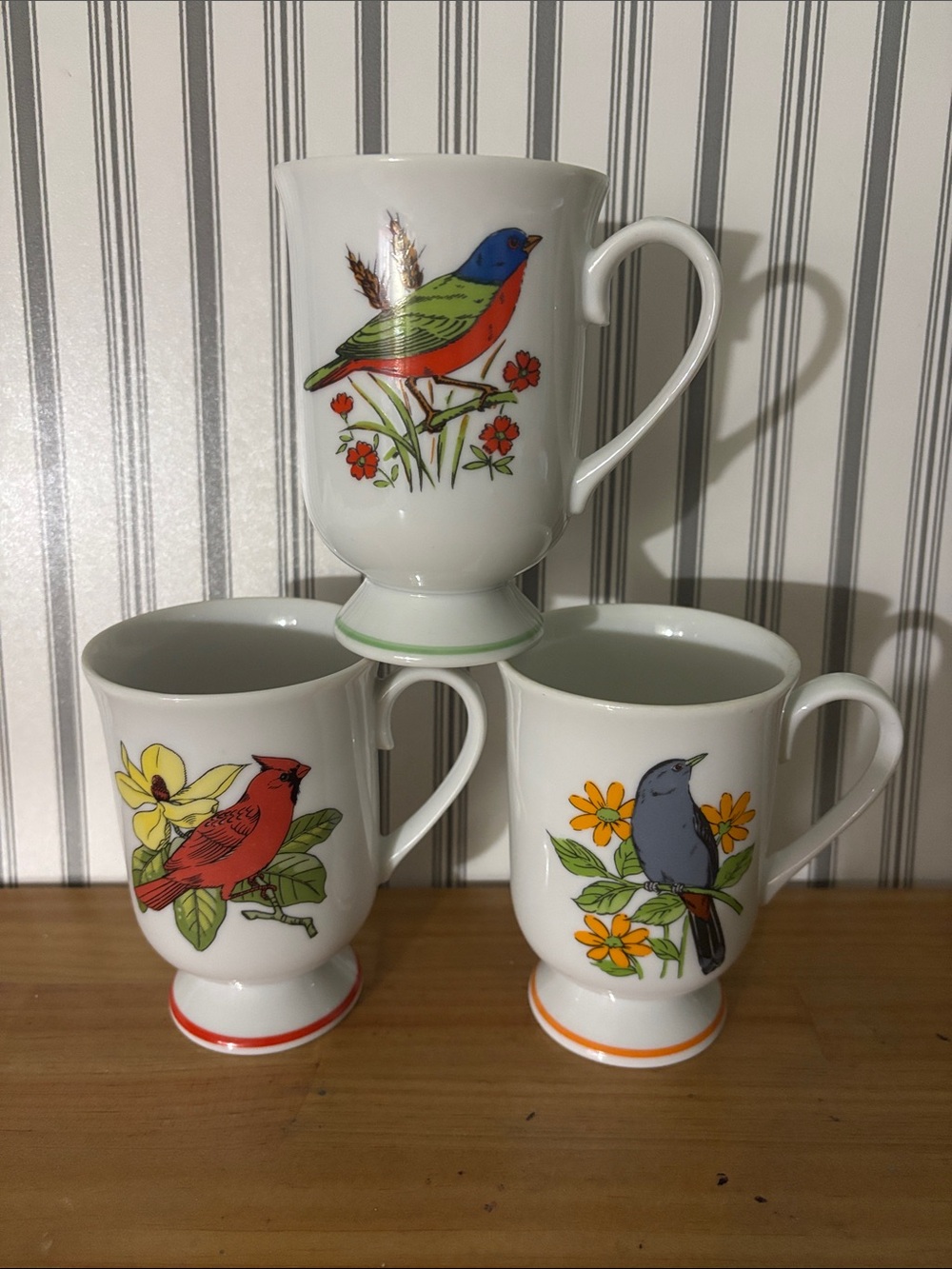 Porcelain Bird-Print Footed Mugs - Set of 3 (White, Multicolor)
